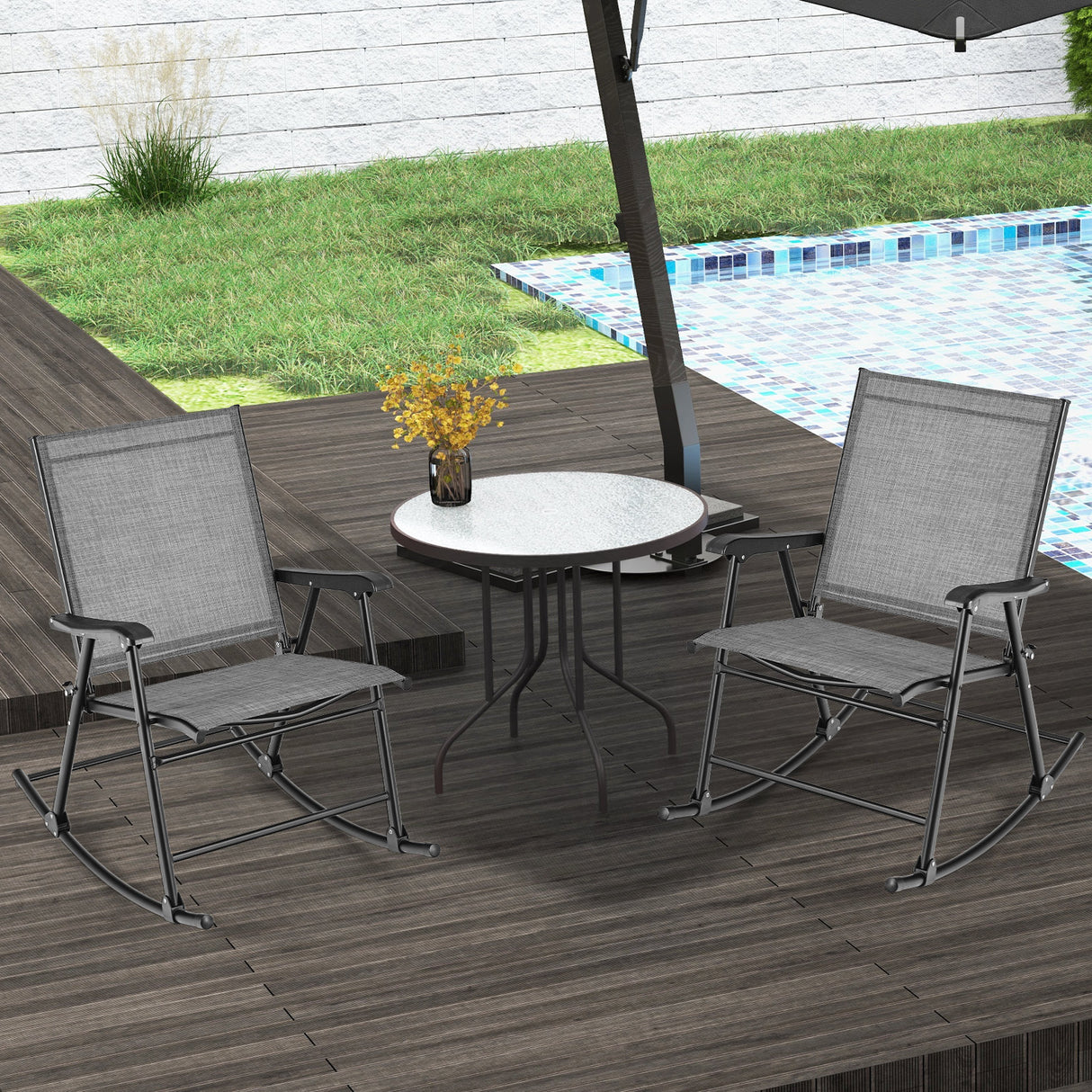 Folding Rocking Chair with Breathable Seat Fabric Set of 2-Gray