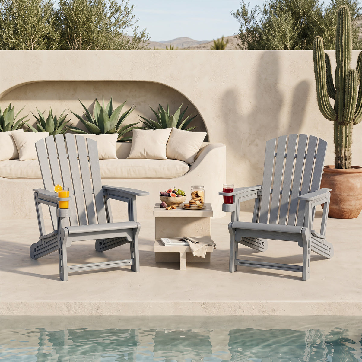 Set of 2 HDPE Adirondack Chair with Cup Holder and Wood-Like Texture for Garden-Gray