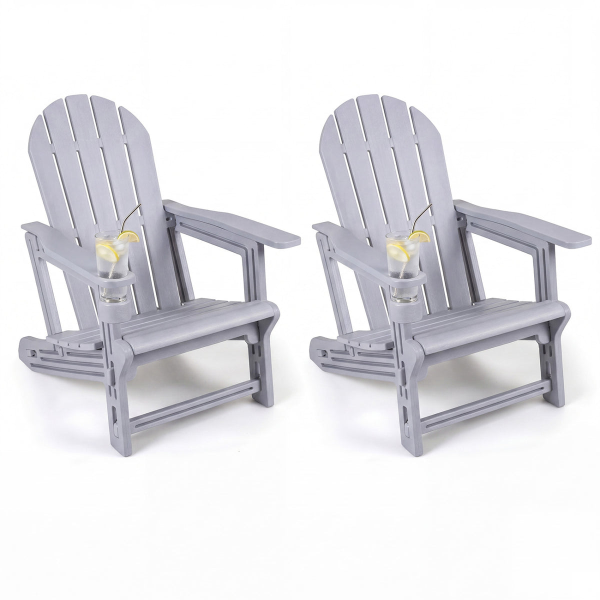 Set of 2 HDPE Adirondack Chair with Cup Holder and Wooden Texture for Patio-Gray