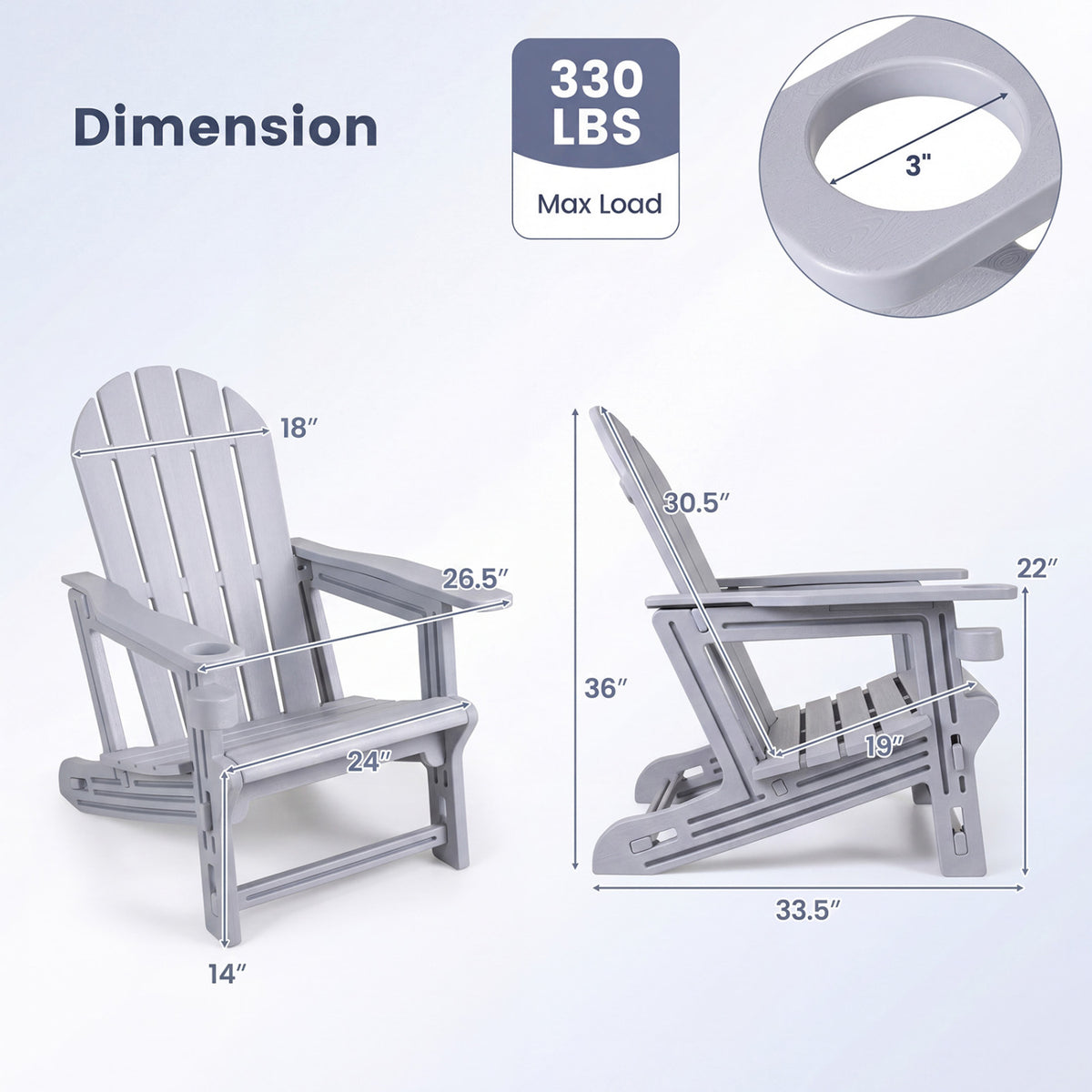 Set of 2 HDPE Adirondack Chair with Cup Holder and Wooden Texture for Patio-Gray