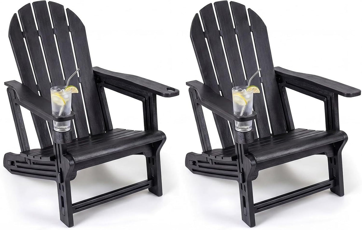 Set of 2 HDPE Adirondack Chair with Cup Holder and Wooden Texture for Patio-Black