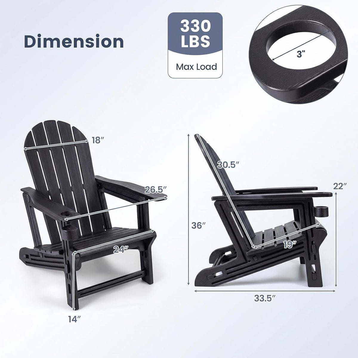 Set of 2 HDPE Adirondack Chair with Cup Holder and Wooden Texture for Patio-Black