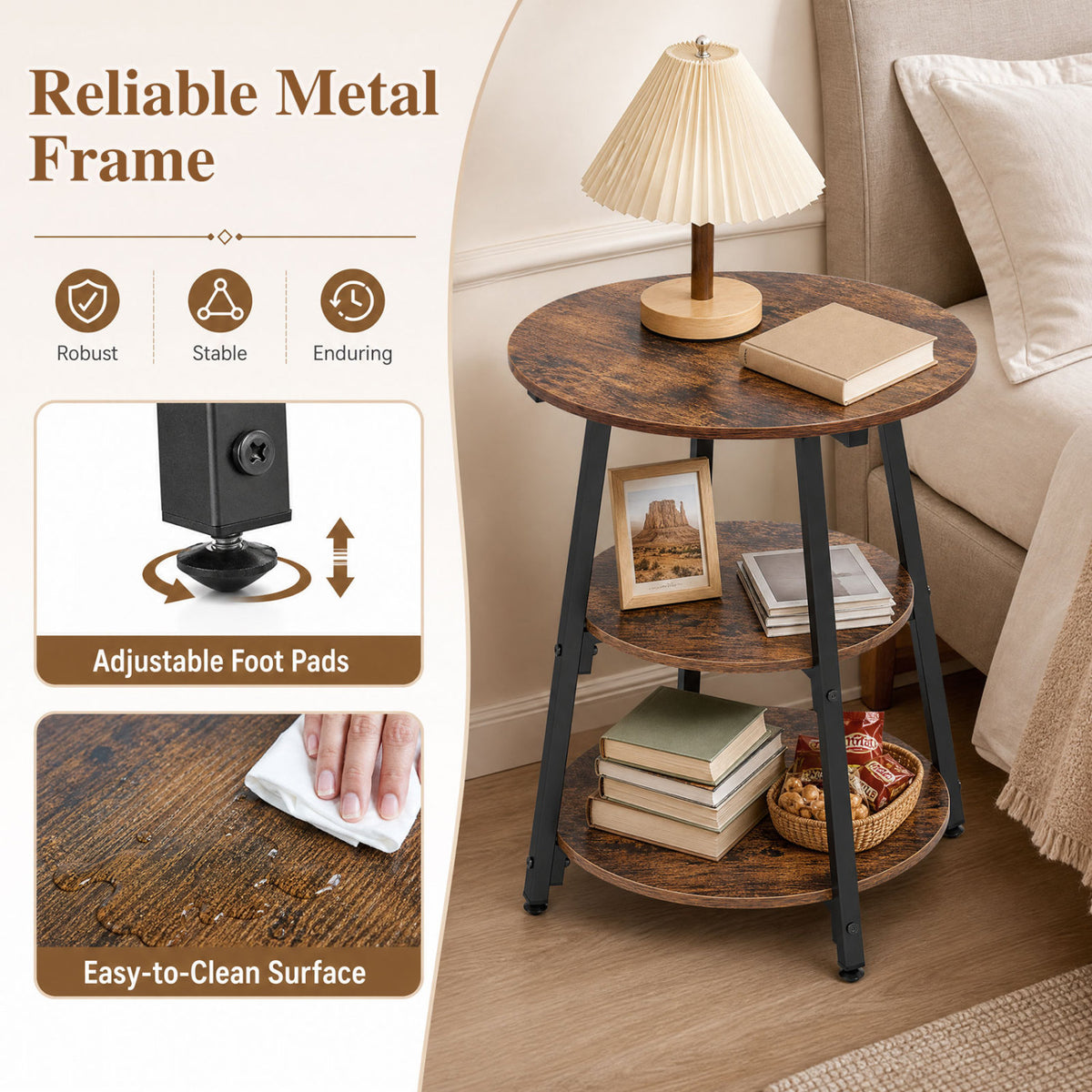 Set of 2 Industrial Side Tables with 3-Tier Shelves & Metal Frame for Small Space-Rustic Brown