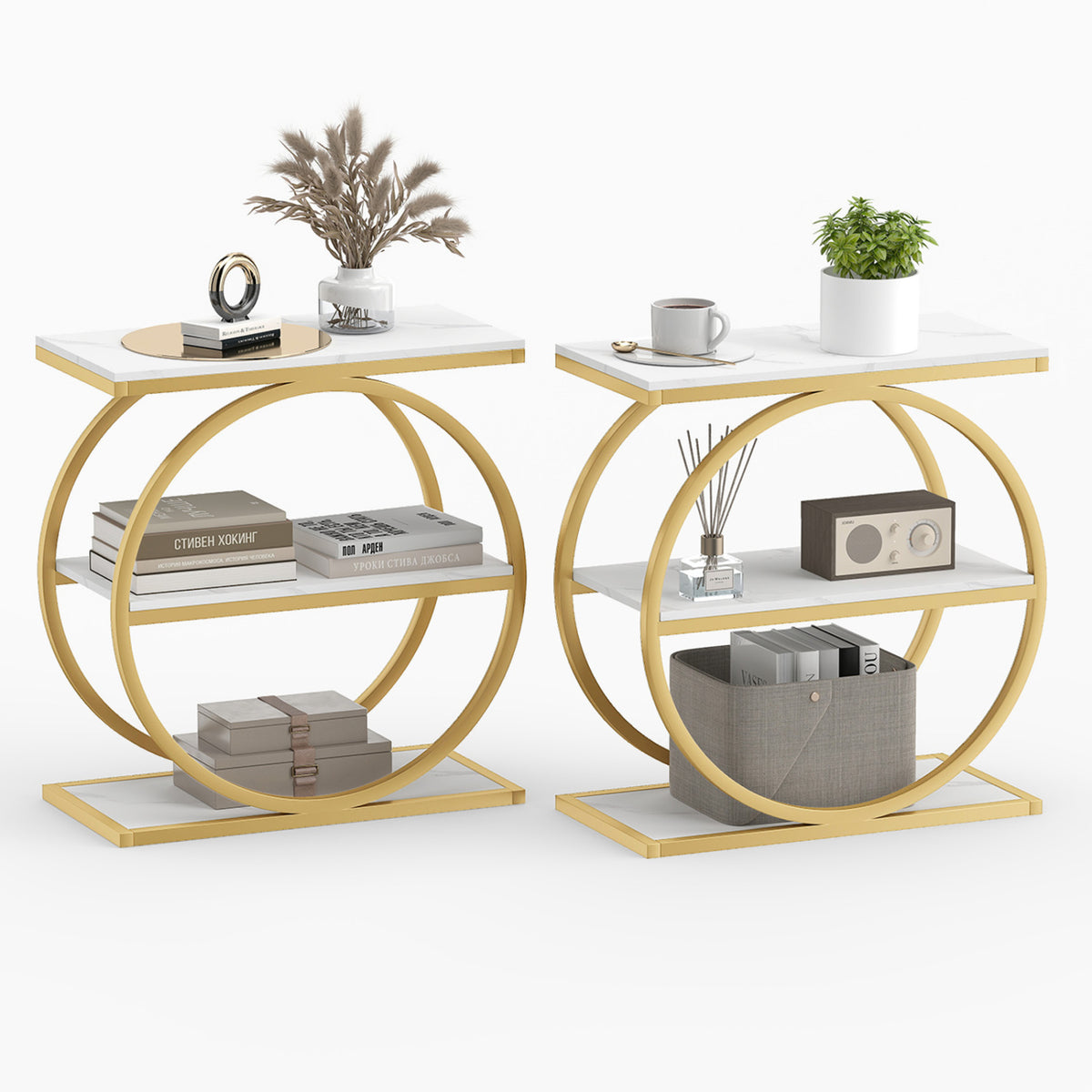 Set of 2 Industrial Faux Marble Side Table with Metal Frame for Small Spaces-White