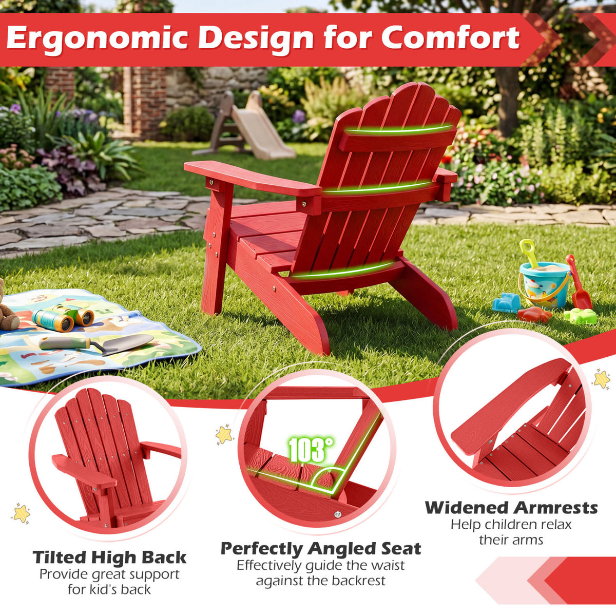 Set of 2 Kids Adirondack Chairs All-weather Outdoor Chairs for Children with Tilted High Backrest-Red