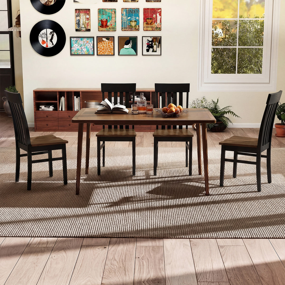 Set of 2 Kitchen Armless Dining Chairs with Slatted High Backrests-Black