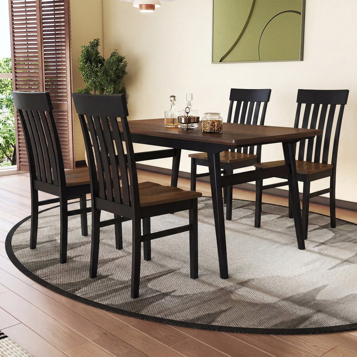 Set of 2 Kitchen Armless Dining Chairs with Slatted High Backrests-Black