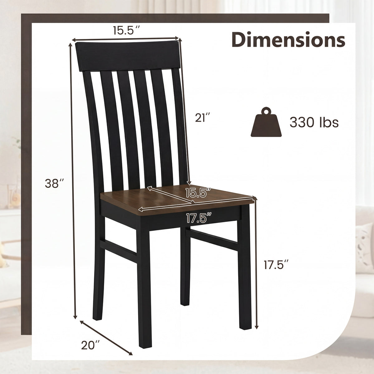 Set of 2 Kitchen Armless Dining Chairs with Slatted High Backrests-Black