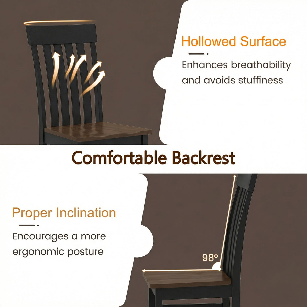 Set of 2 Kitchen Armless Dining Chairs with Slatted High Backrests-Black