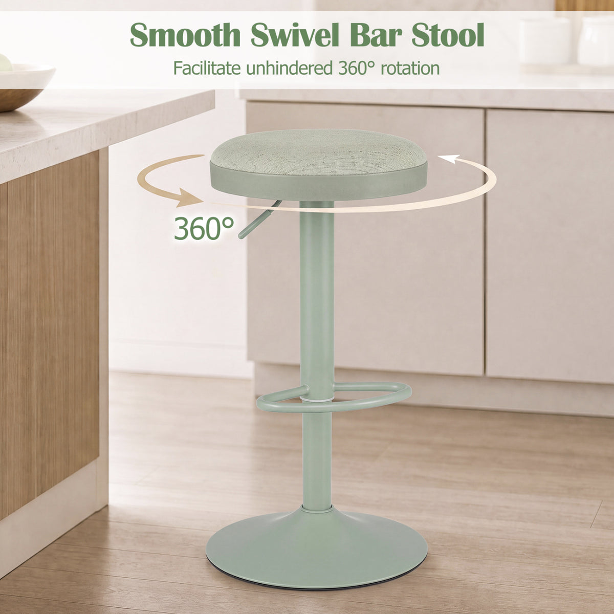 Set of 2 Kitchen Bar Stools with Height Adjustment Padded Seat and D-Shaped Footrest-Green