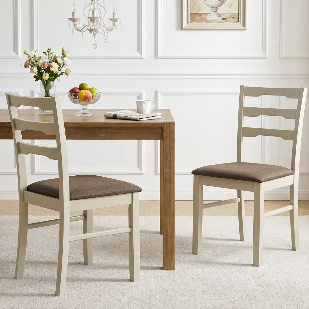 Set of 2 Linen Style Upholstered Dining Chairs with Wood Frames-White