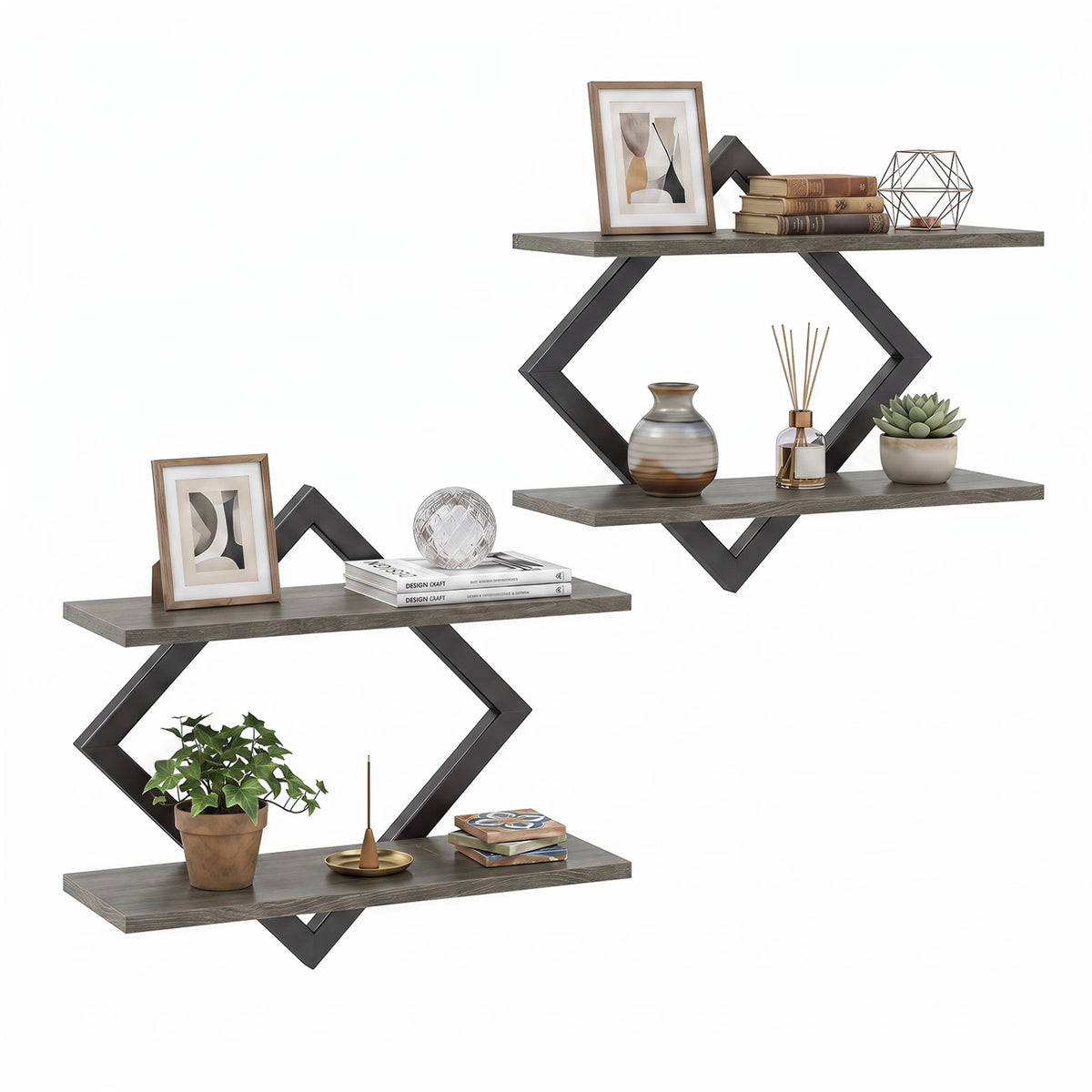 Set of 2 Metal Floating Shelves for Wall with Geometric Frame-Gray Oak