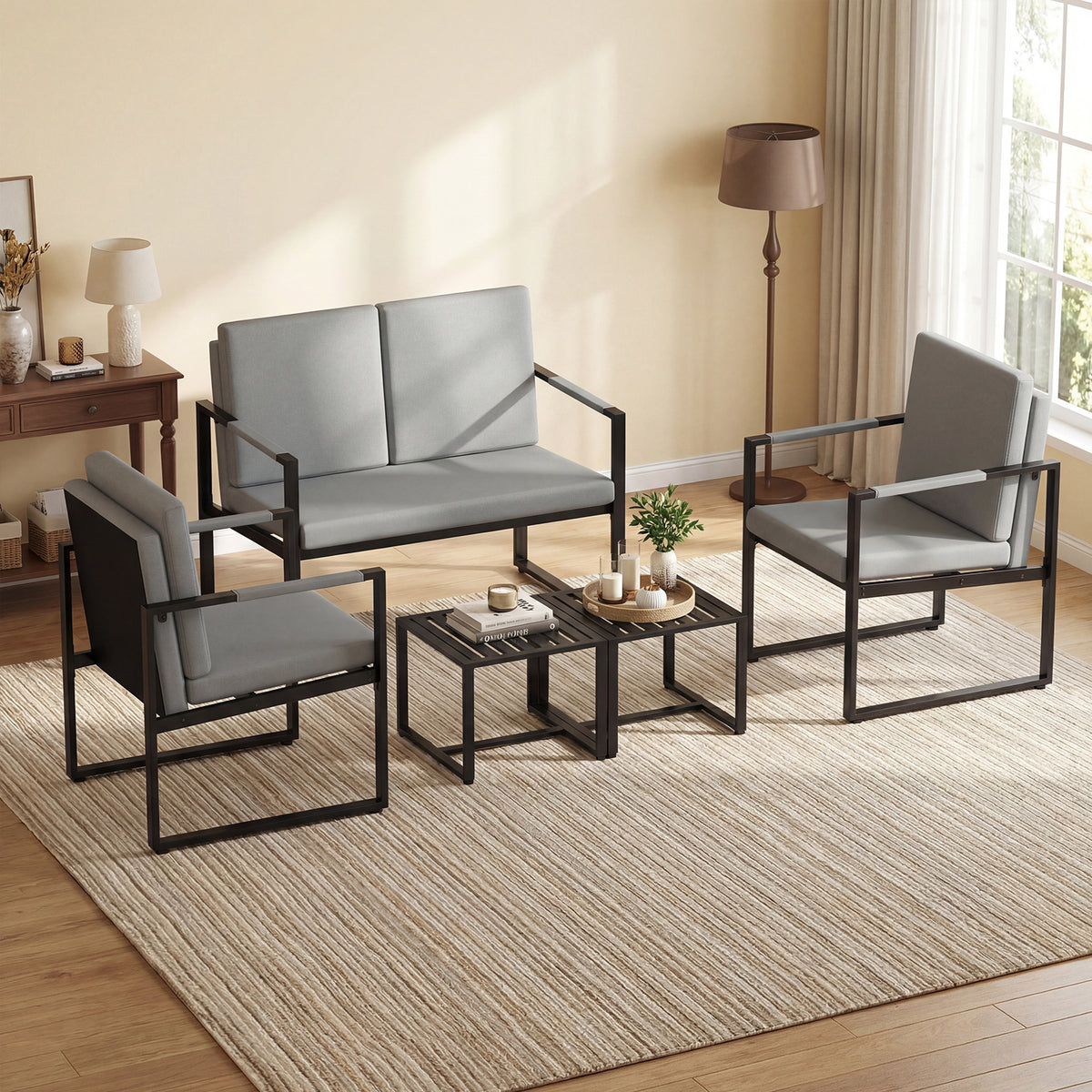 Set of 2 Mid Century Modern Single Sofa Chairs with Cushions-Gray
