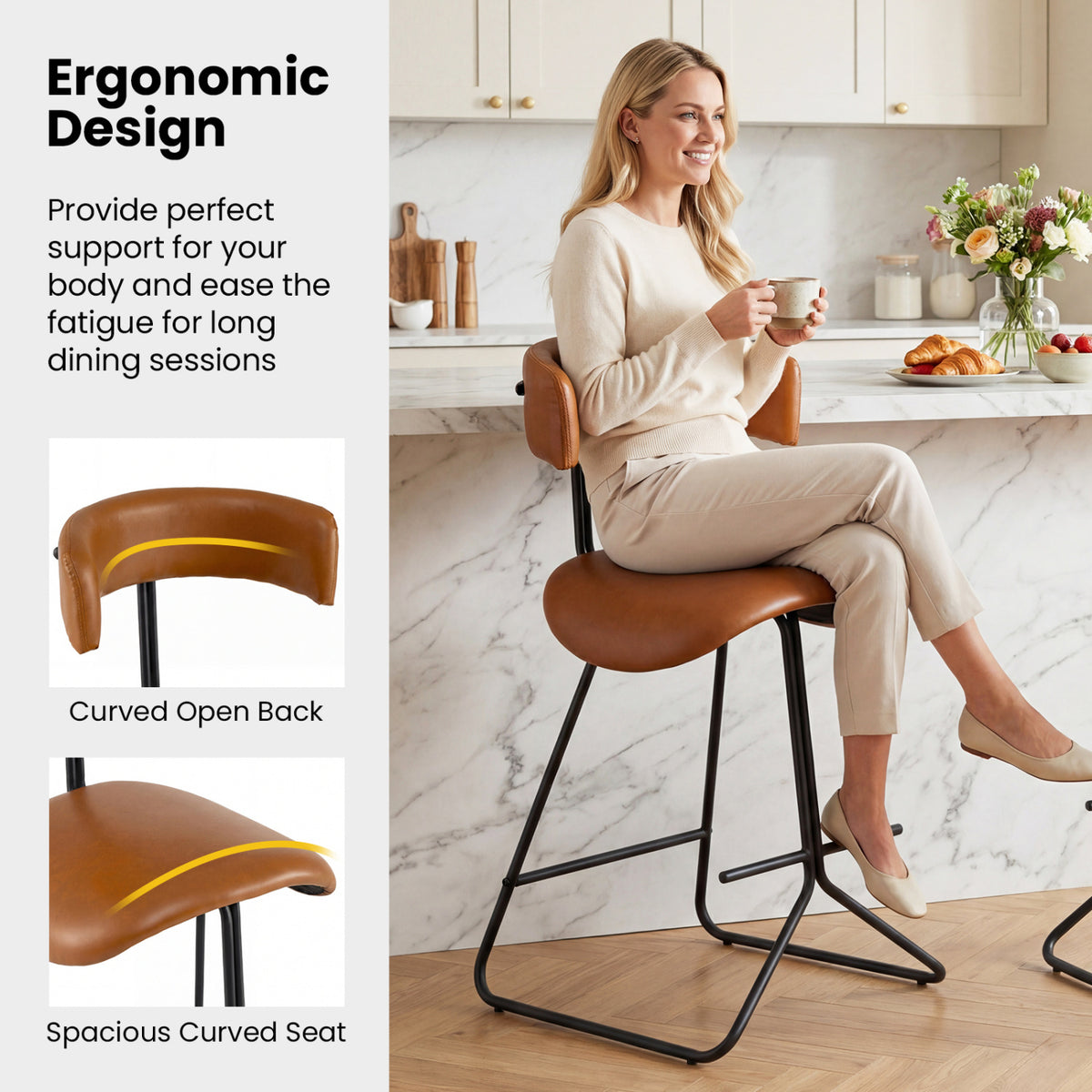 Set of 2 Modern Counter Height Stools 25 Inch Faux Leather Upholstered-Espresso