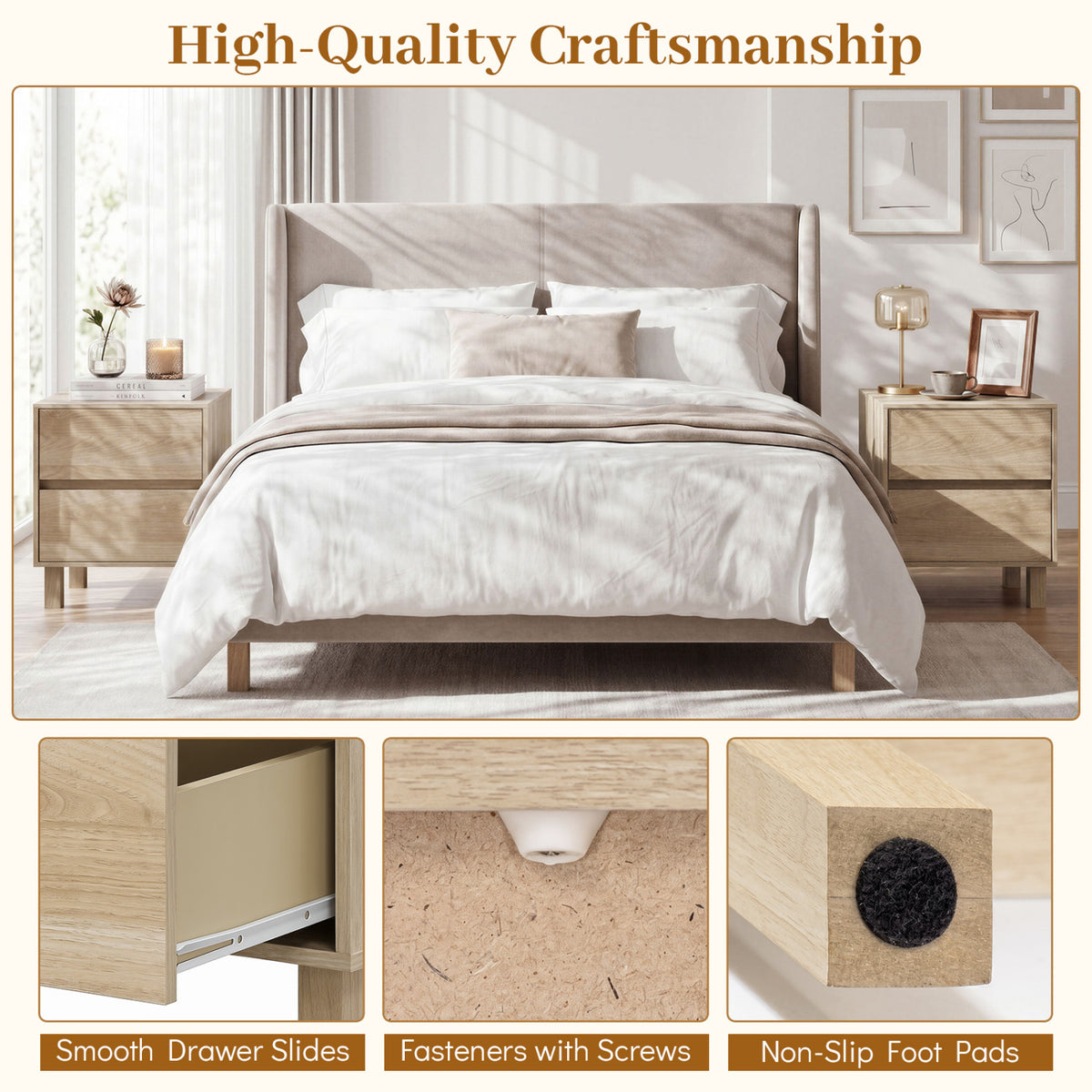 Set of 2 Modern Wooden End Table with 2 Storage Drawers-Natural