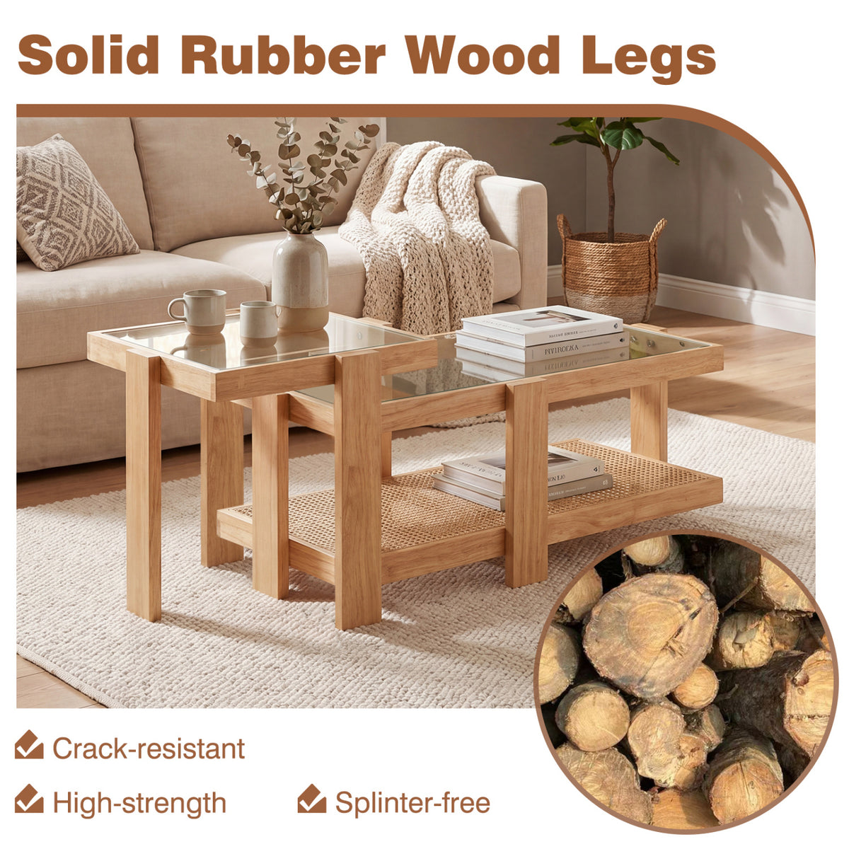 Set of 2 Nesting Coffee Table with Boho Rattan Accent Table-Natural