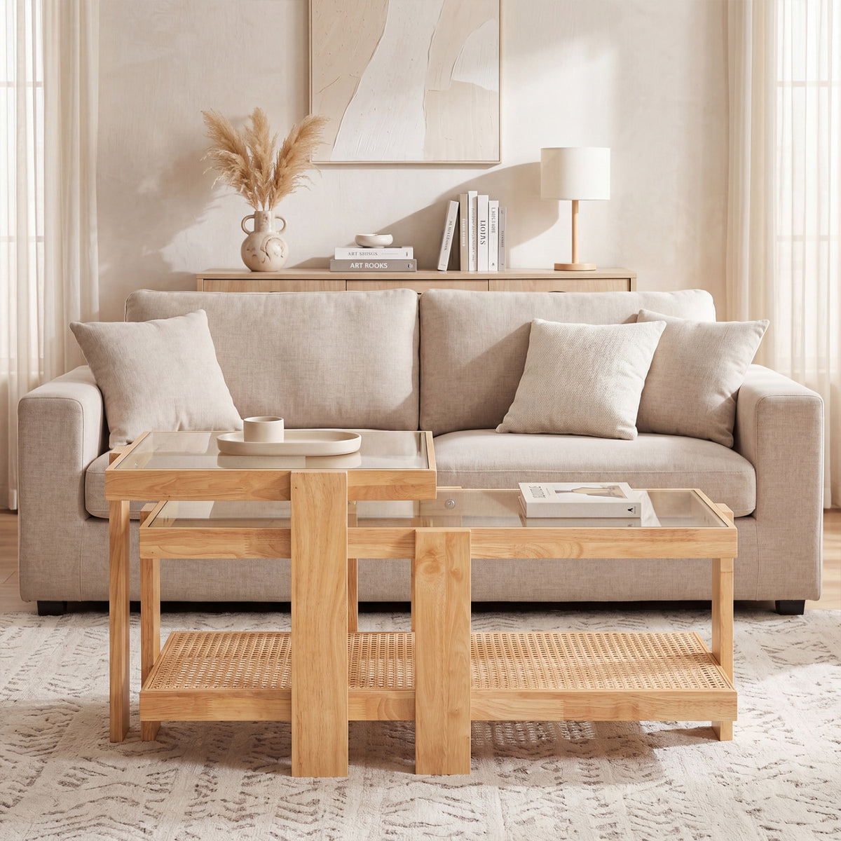 Set of 2 Nesting Coffee Table with Boho Rattan Accent Table-Natural