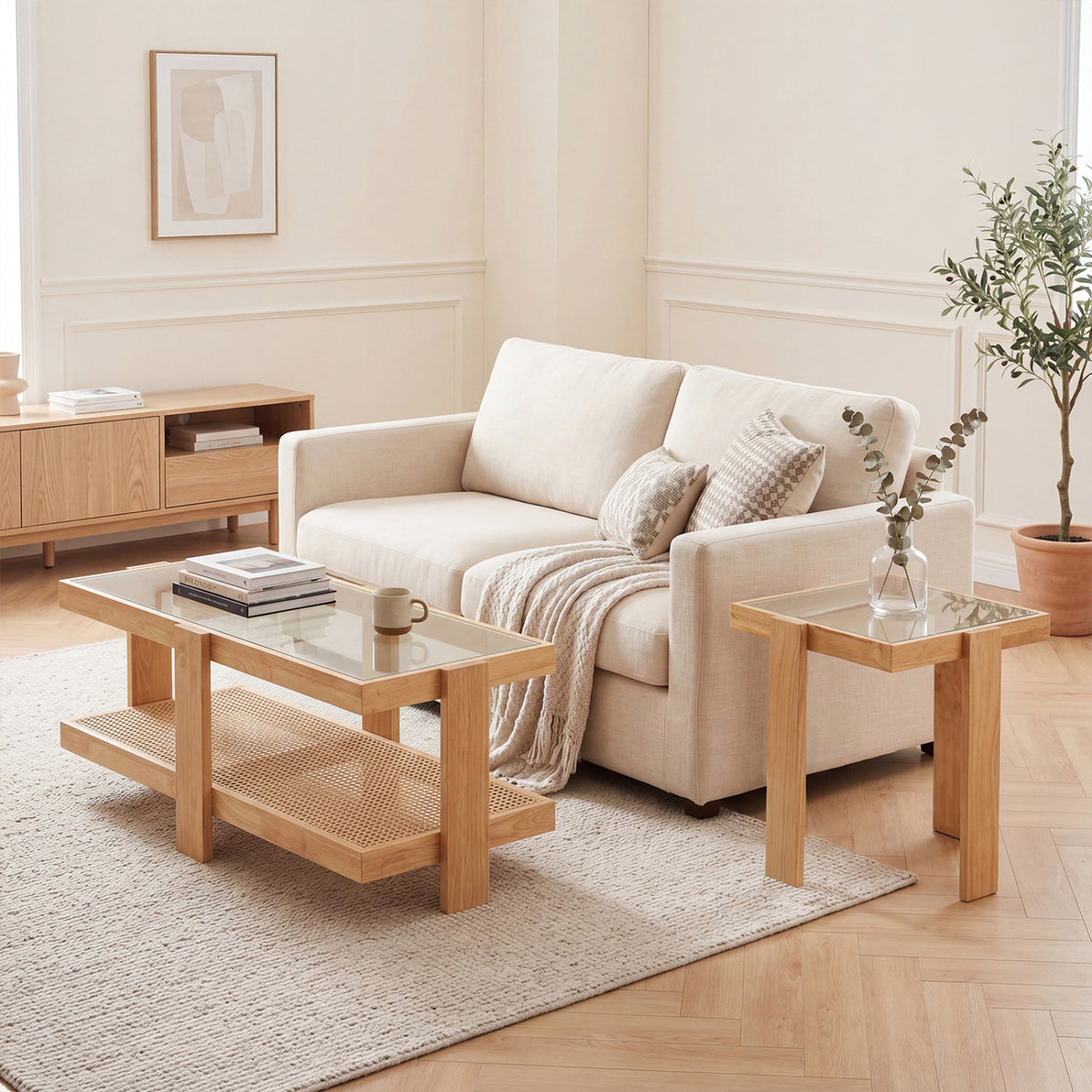 Set of 2 Nesting Coffee Table with Boho Rattan Accent Table-Natural