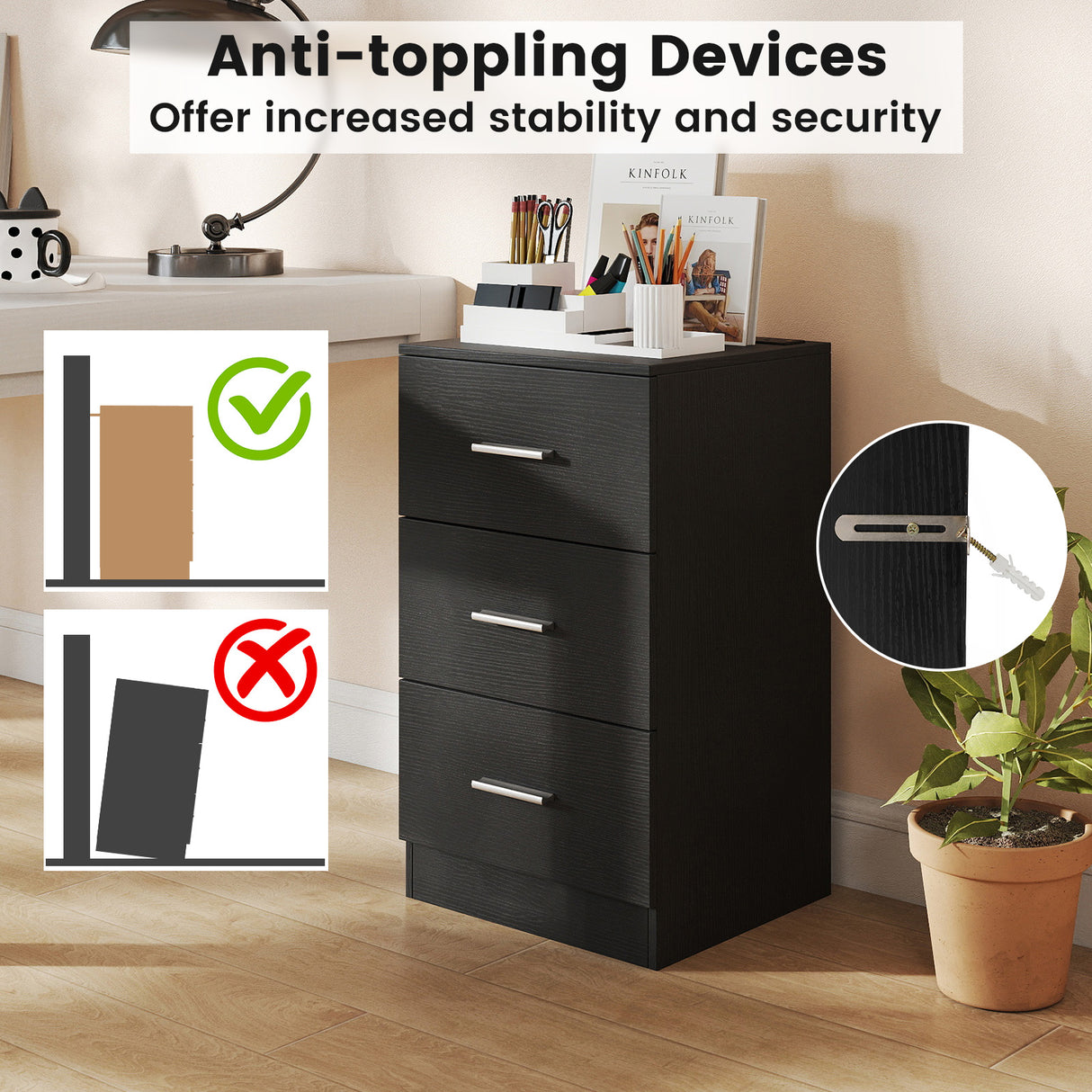 Set of 2 Nightstand with Charging Station End Table with 3 Storage Drawers Bedside Table for Bedroom-Black