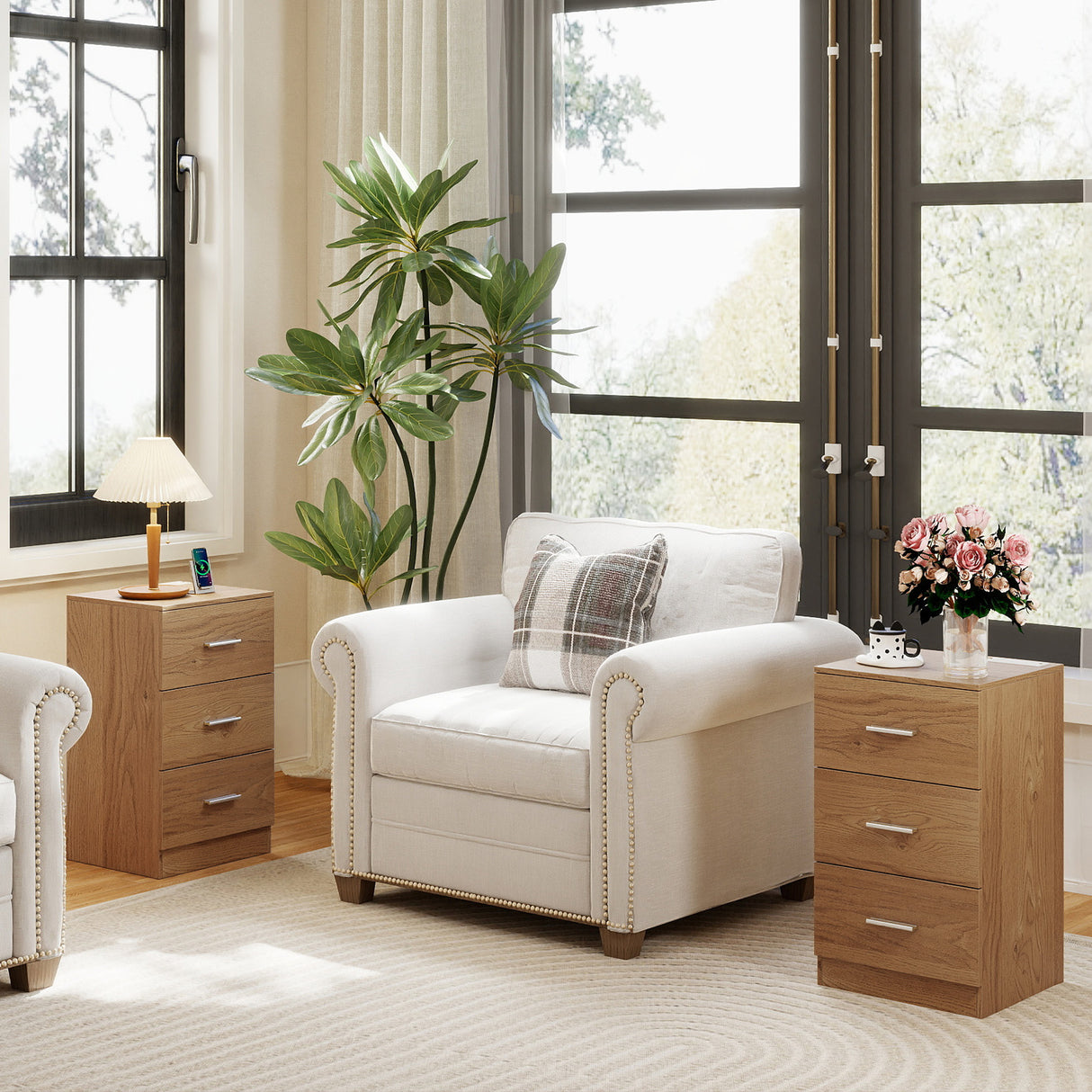 Set of 2 Nightstand with Charging Station End Table with 3 Storage Drawers Bedside Table for Bedroom-Natural