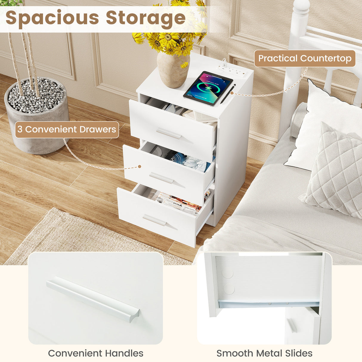 Set of 2 Nightstand with Charging Station End Table with 3 Storage Drawers Bedside Table for Bedroom-White