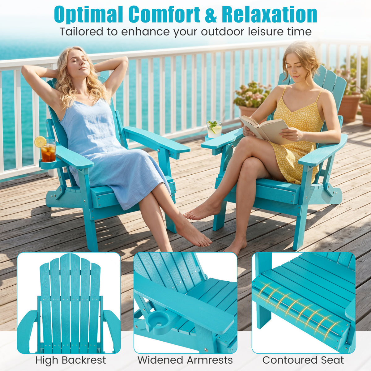 Set of 2 Outdoor Folding Adirondack Chair with Cup Holder and 5-Level Backrest-Turquoise