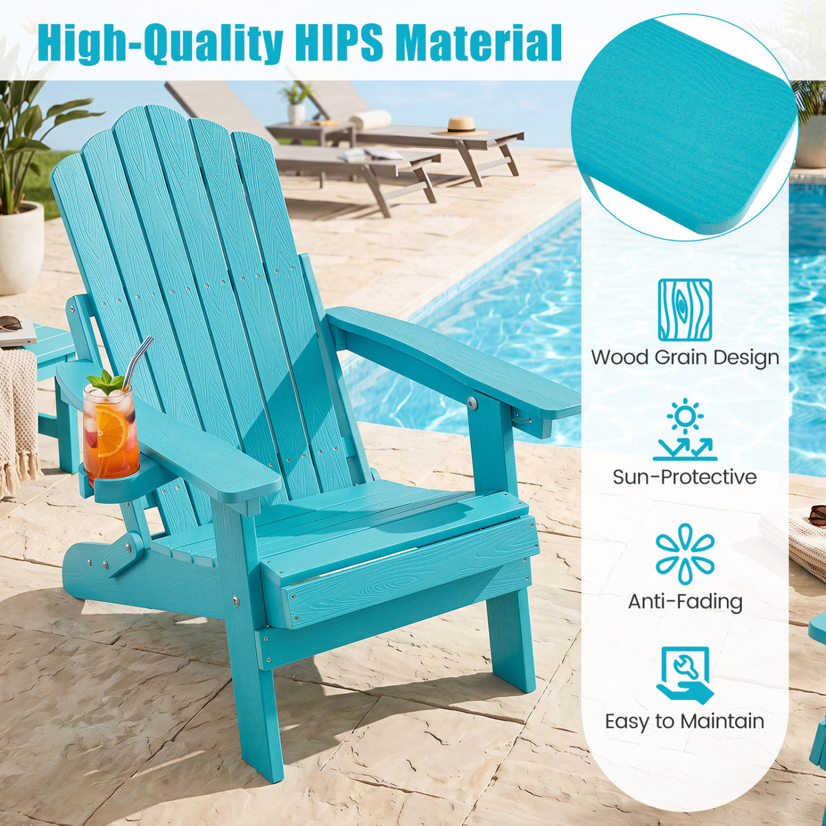 Set of 2 Outdoor Folding Adirondack Chair with Cup Holder and 5-Level Backrest-Turquoise