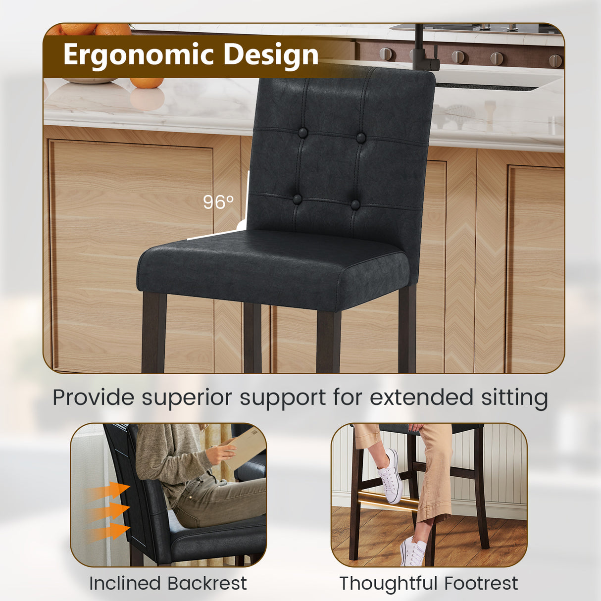 Set of 2 PVC Dining Leather Bar Stools with Solid Wood Legs-29 inches