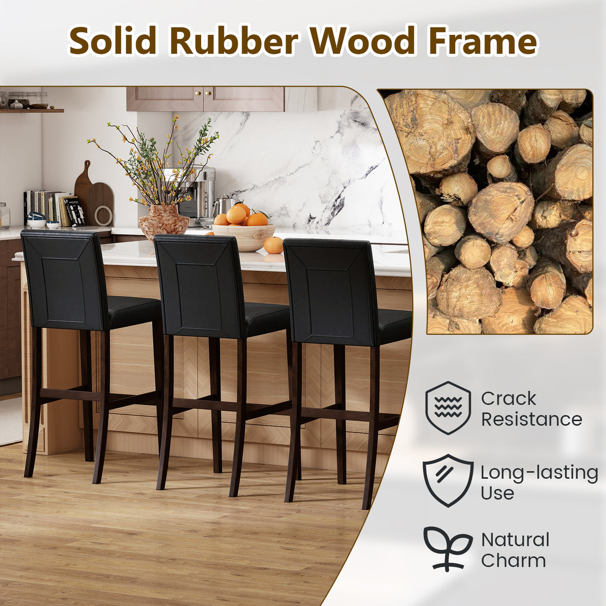 Set of 2 PVC Dining Leather Bar Stools with Solid Wood Legs-29 inches