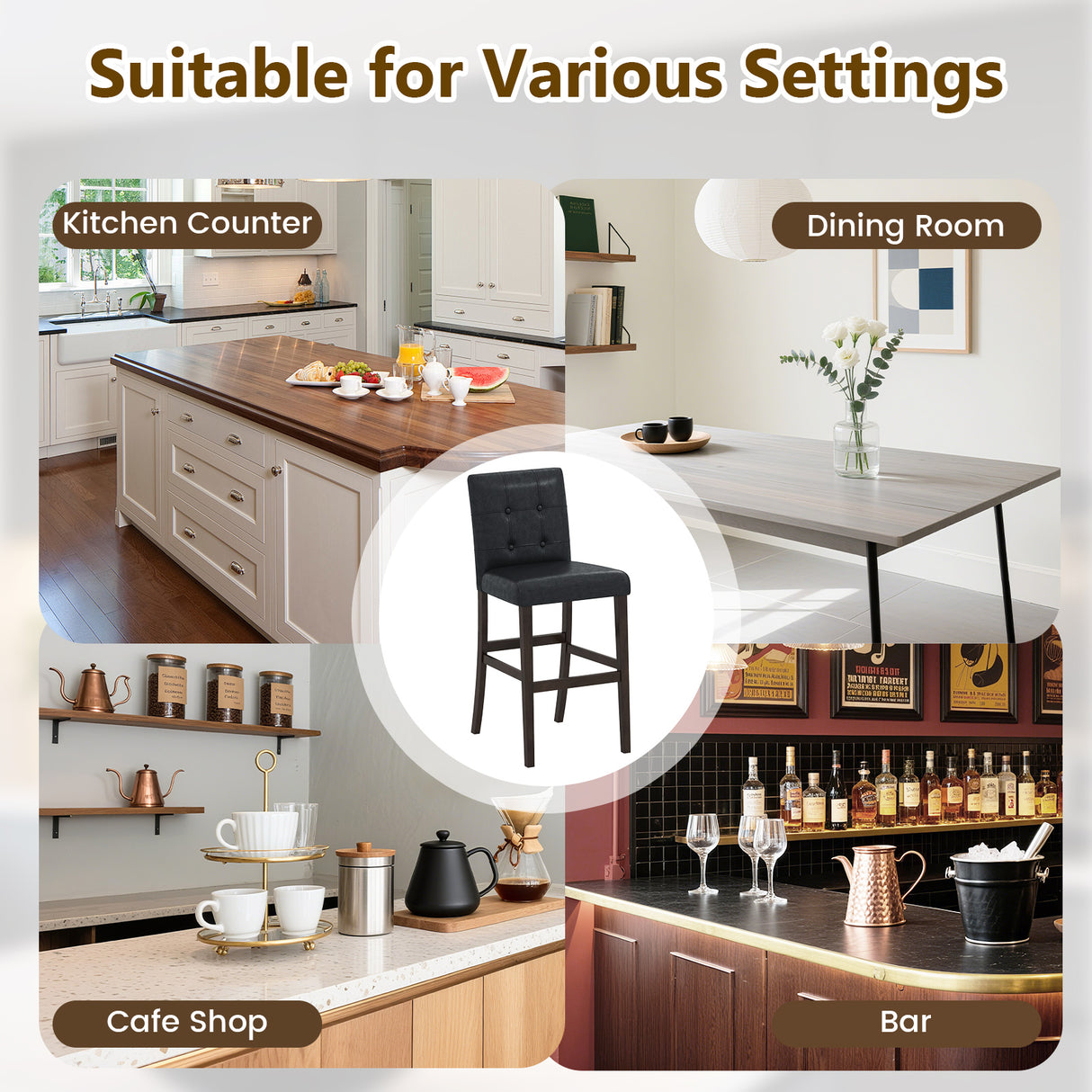 Set of 2 PVC Leather Bar Stools with Solid Wood Legs