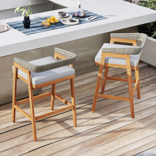Set of 2 Patio Acacia Wood Counter Height Bar Stools with Cushions and PE Wicker Backrests Footrests-Gray