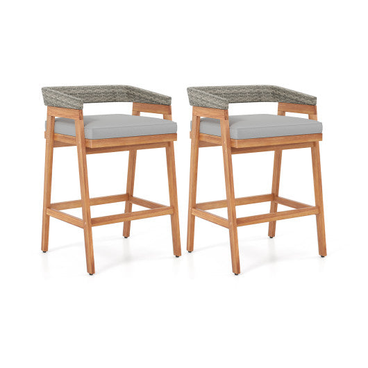 Set of 2 Patio Acacia Wood Counter Height Bar Stools with Cushions and PE Wicker Backrests Footrests-Gray