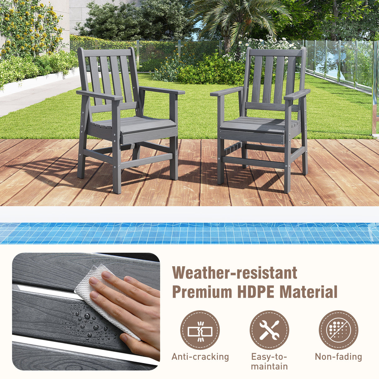Set of 2 Patio Dining Chairs with Wide Armrests-Gray