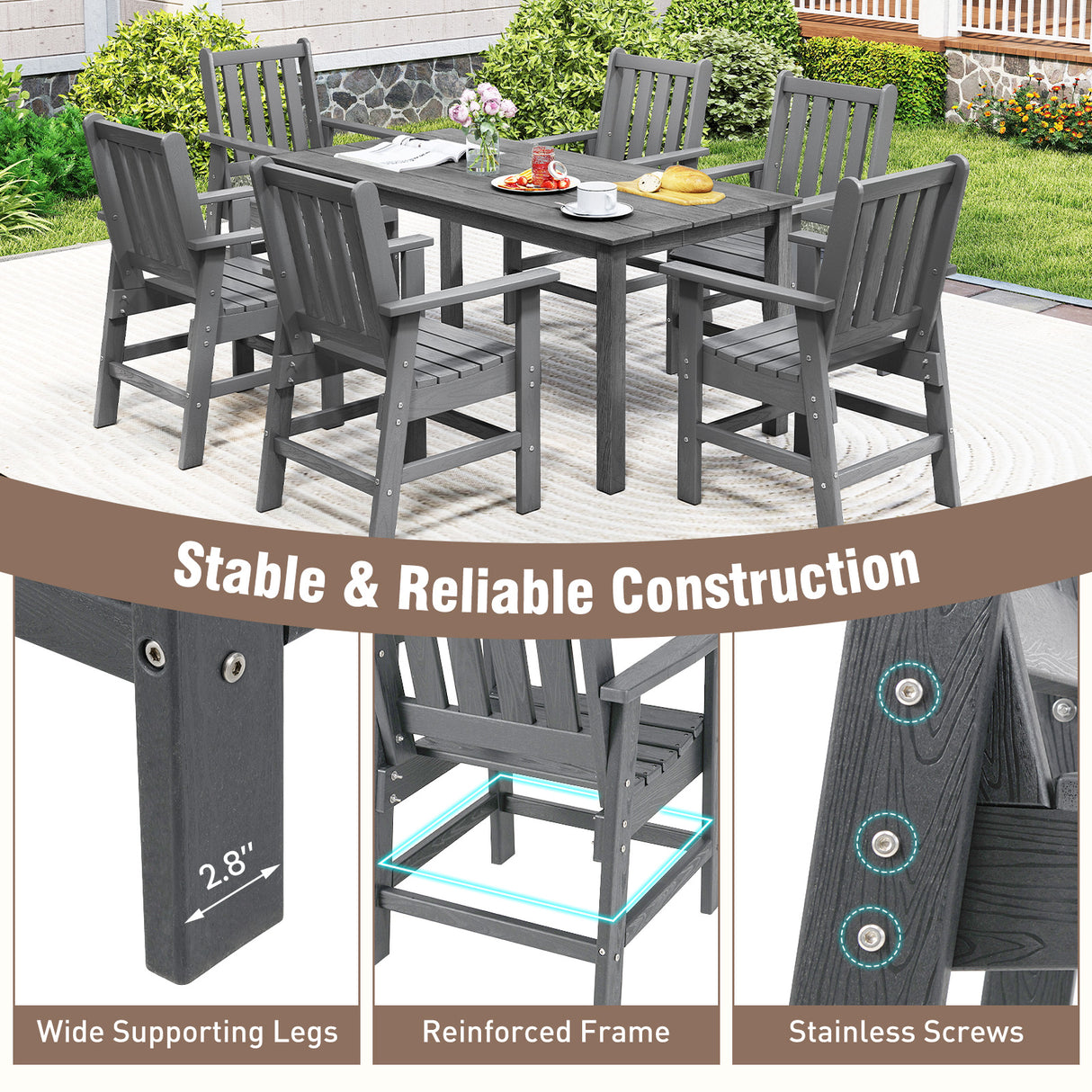 Set of 2 Patio Dining Chairs with Wide Armrests-Gray