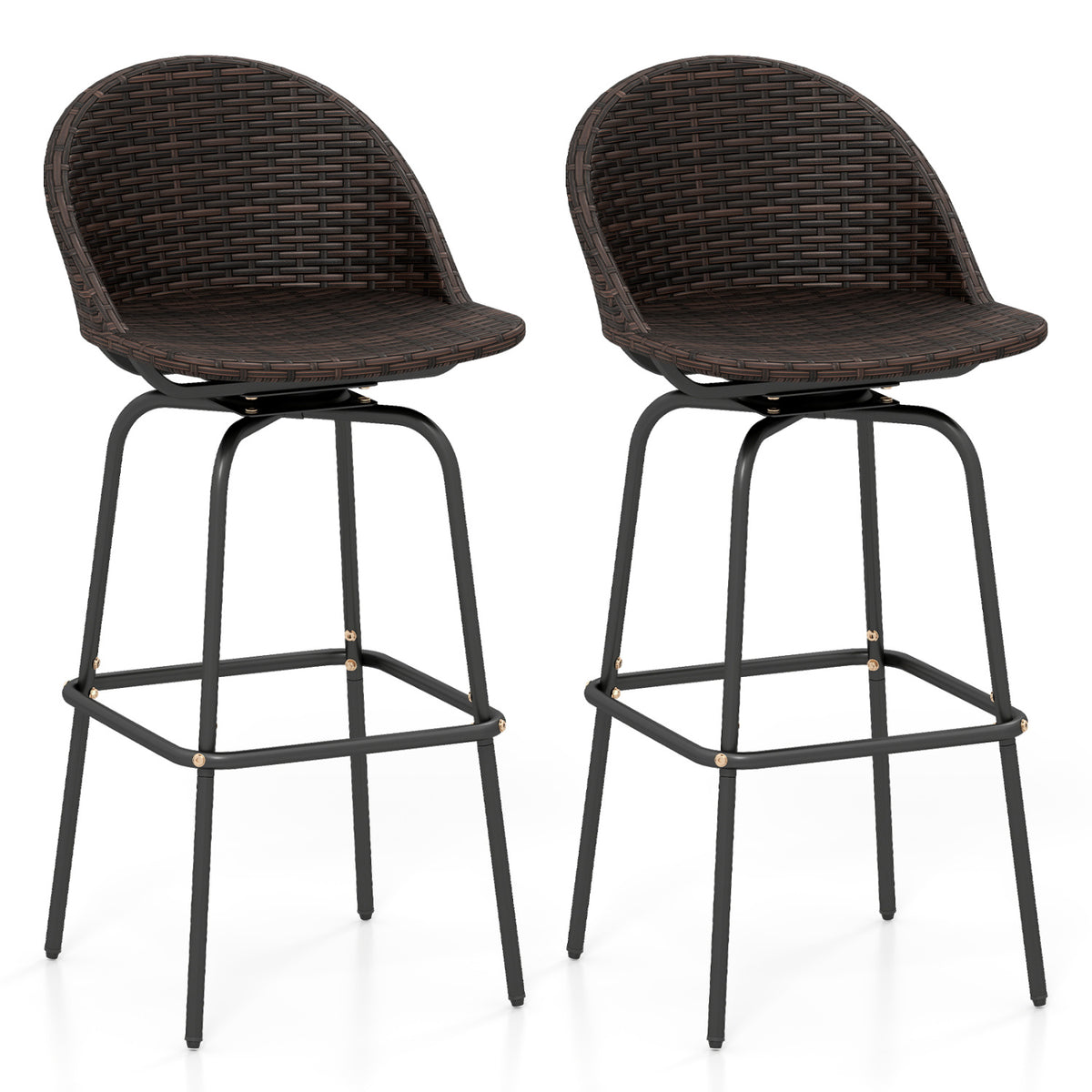Set of 2 Patio Swivel Bar Stools with Rattan Seat 400 LBS for Garden-Brown