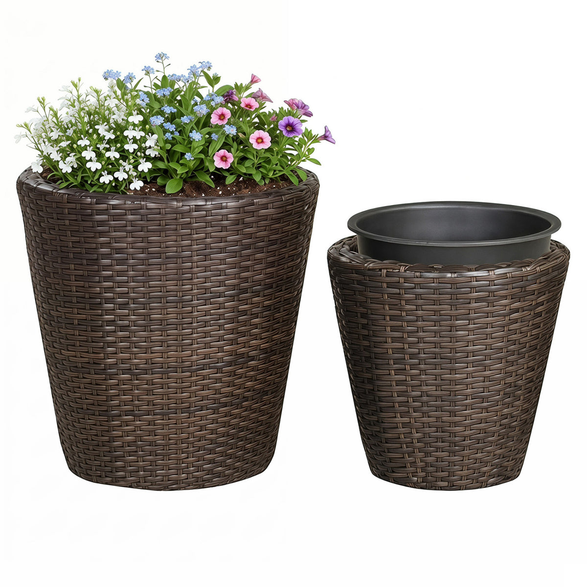 Set of 2 Plastic Taper Rattan Planters with Drainage Holes and Saucers-Brown