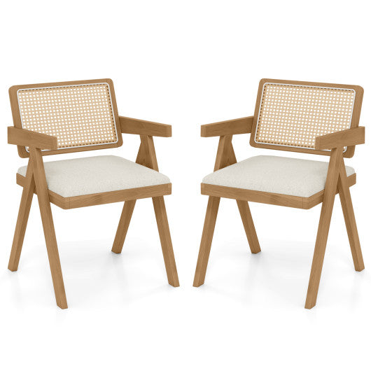 Set of 2 Rattan Accent Chairs with Padded Cushion and Rubber Wood Frame-Beige