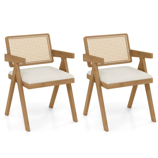 Set of 2 Rattan Accent Chairs with Padded Cushion and Rubber Wood Frame-Beige