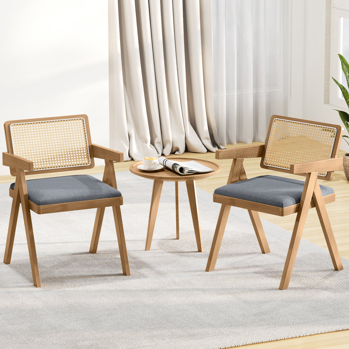 Set of 2 Rattan Accent Chairs with Padded Cushion and Rubber Wood Frame-Gray