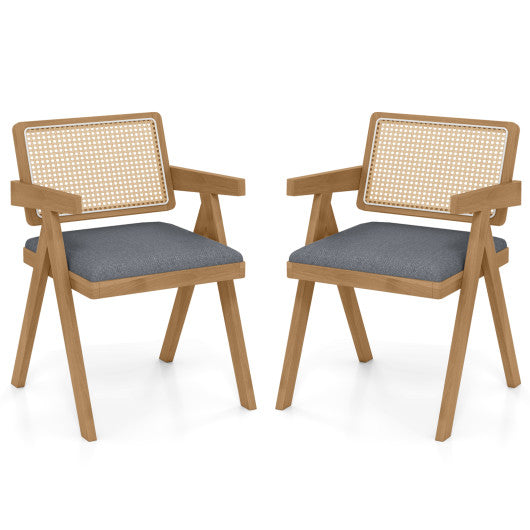 Set of 2 Rattan Accent Chairs with Padded Cushion and Rubber Wood Frame-Gray