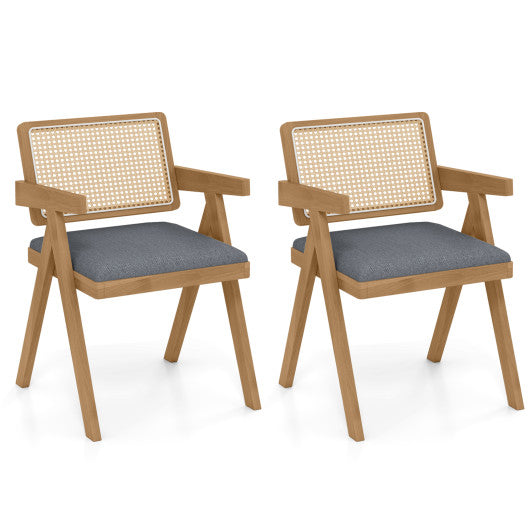 Set of 2 Rattan Accent Chairs with Padded Cushion and Rubber Wood Frame-Gray