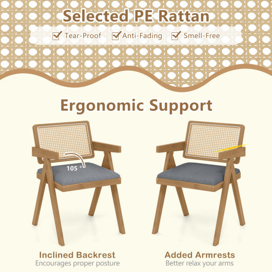 Set of 2 Rattan Accent Chairs with Padded Cushion and Rubber Wood Frame-Gray