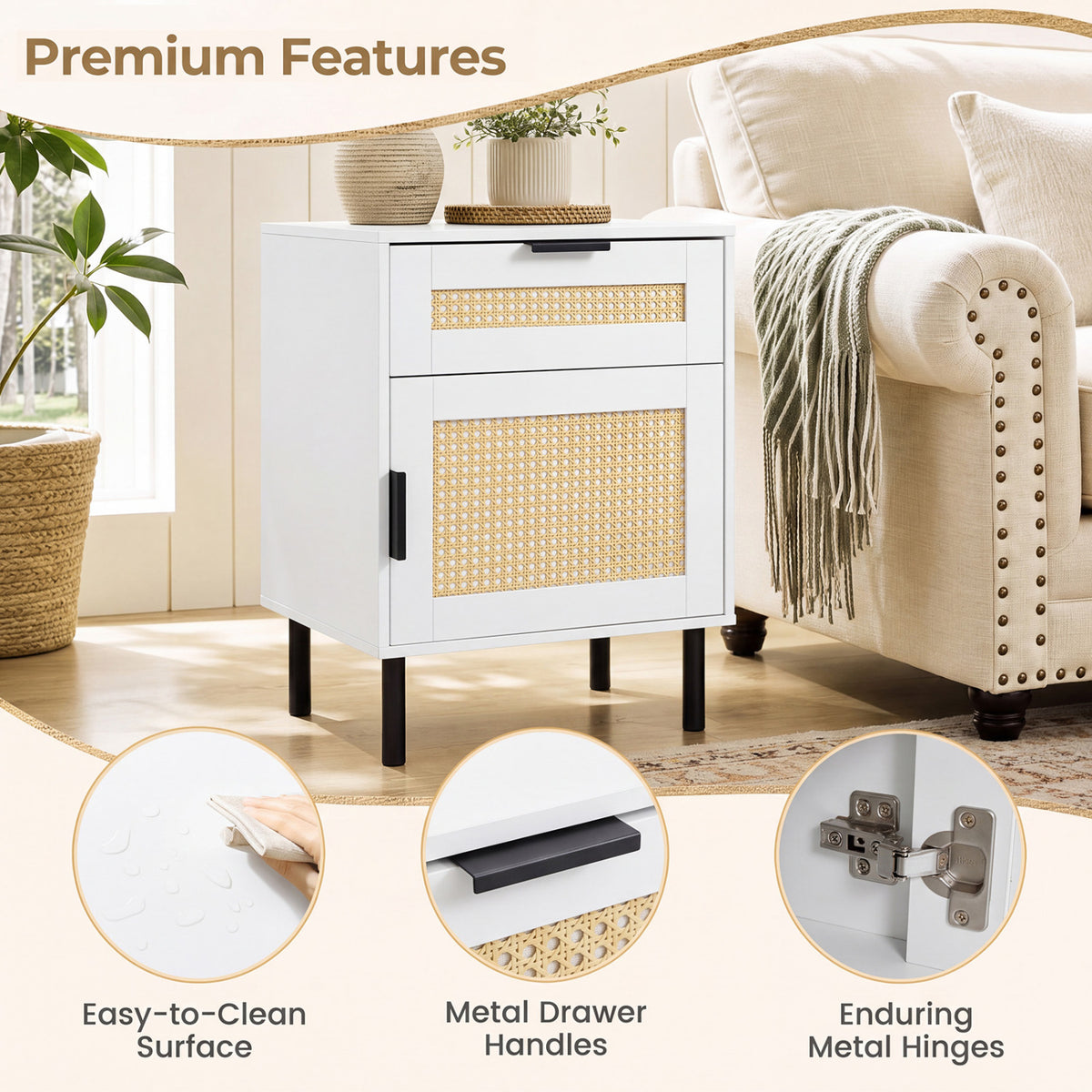 Set of 2 Rattan Nightstand with Drawer and Storage Cabinet for Bedroom Dorm-White