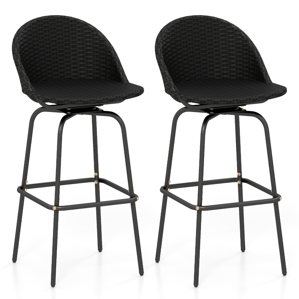 Set of 2 Rattan Swivel Barstools with Curved Back-Black