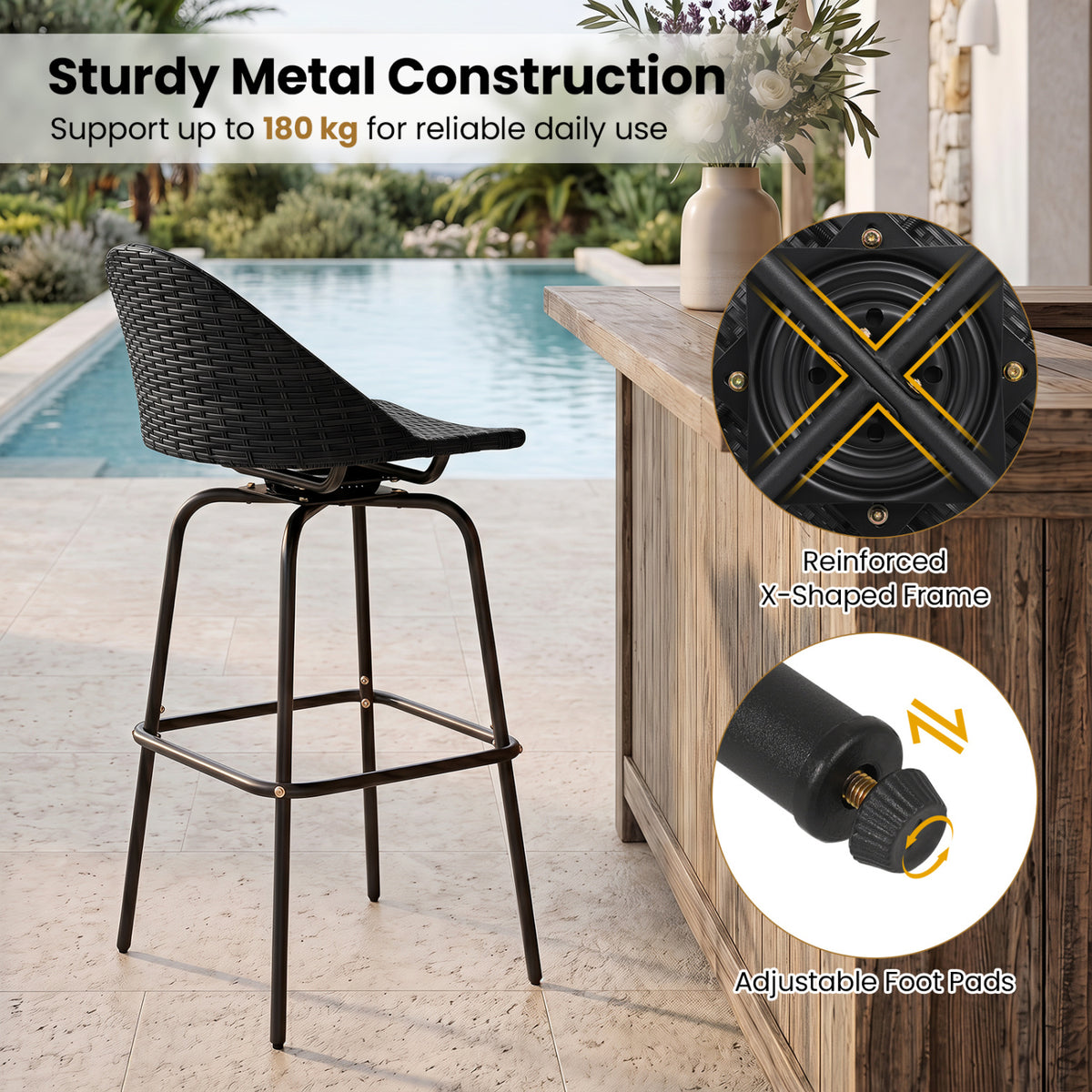 Set of 2 Rattan Swivel Barstools with Curved Back-Black