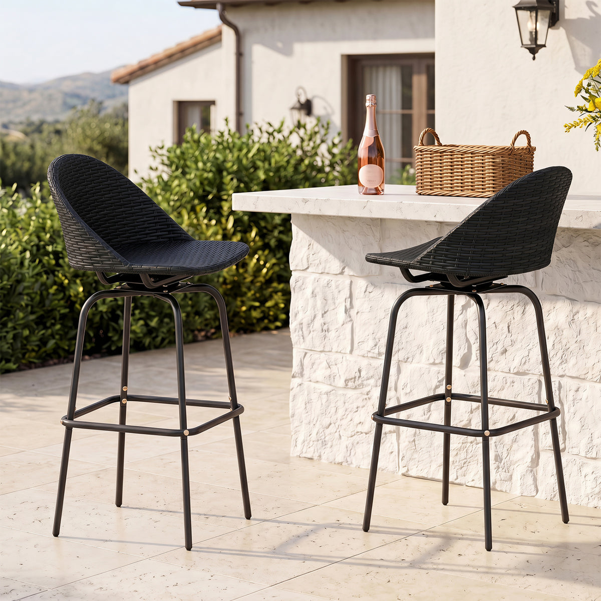 Set of 2 Rattan Swivel Barstools with Curved Back-Black