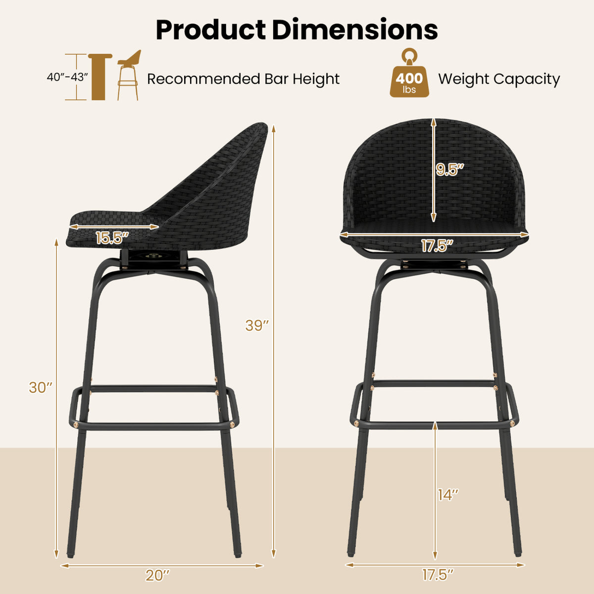Set of 2 Rattan Swivel Barstools with Curved Back-Black