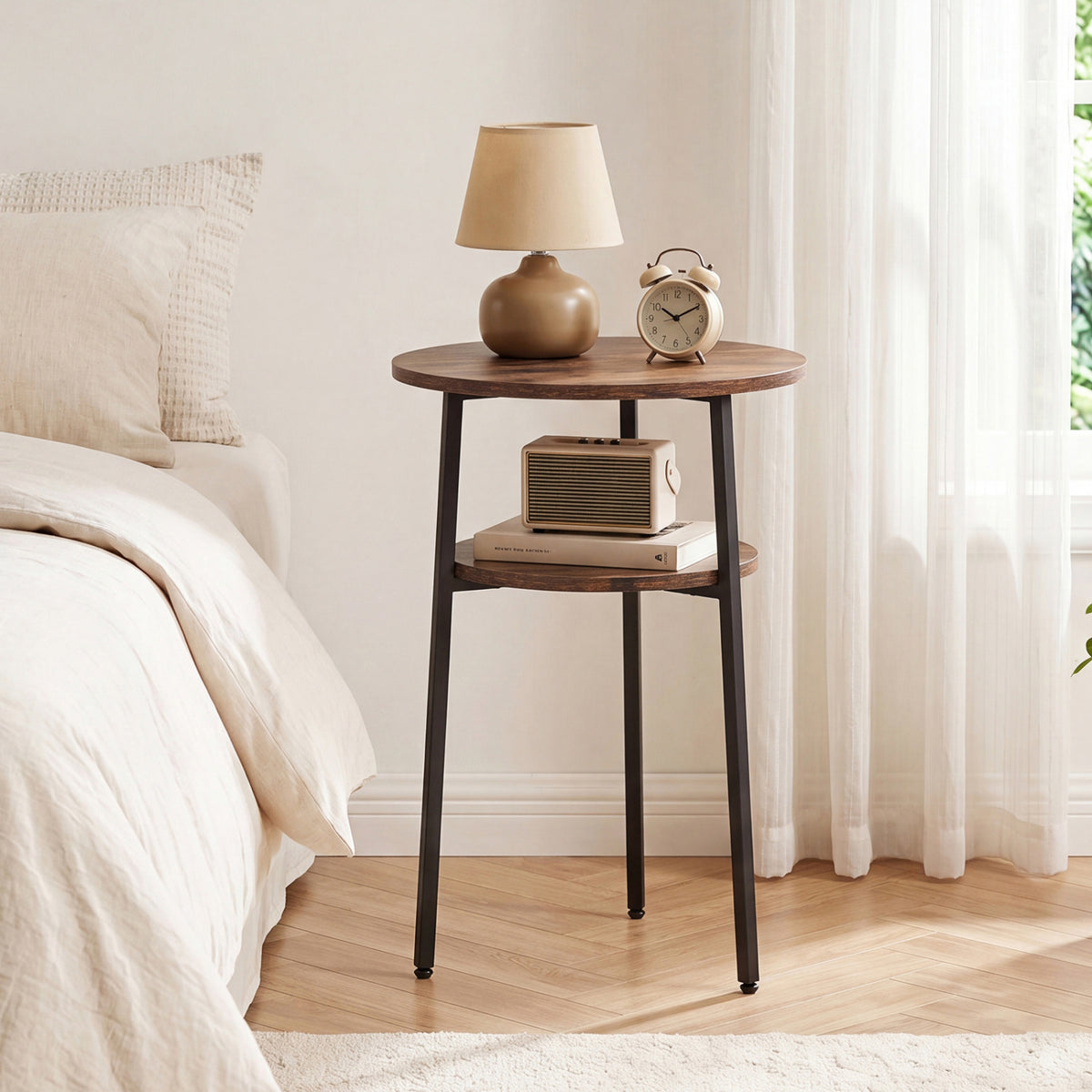 Set of 2 Round Side Table with Storage Shelf & Metal Frame for Living Room-Rustic Brown