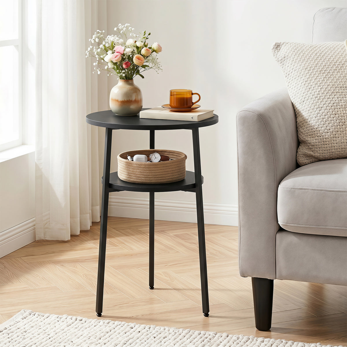 Set of 2 Round Side Table with Storage Shelf & Metal Frame for Living Room-Black