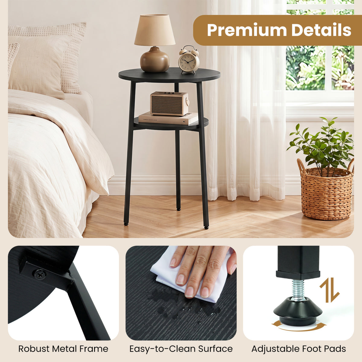 Set of 2 Round Side Table with Storage Shelf & Metal Frame for Living Room-Black